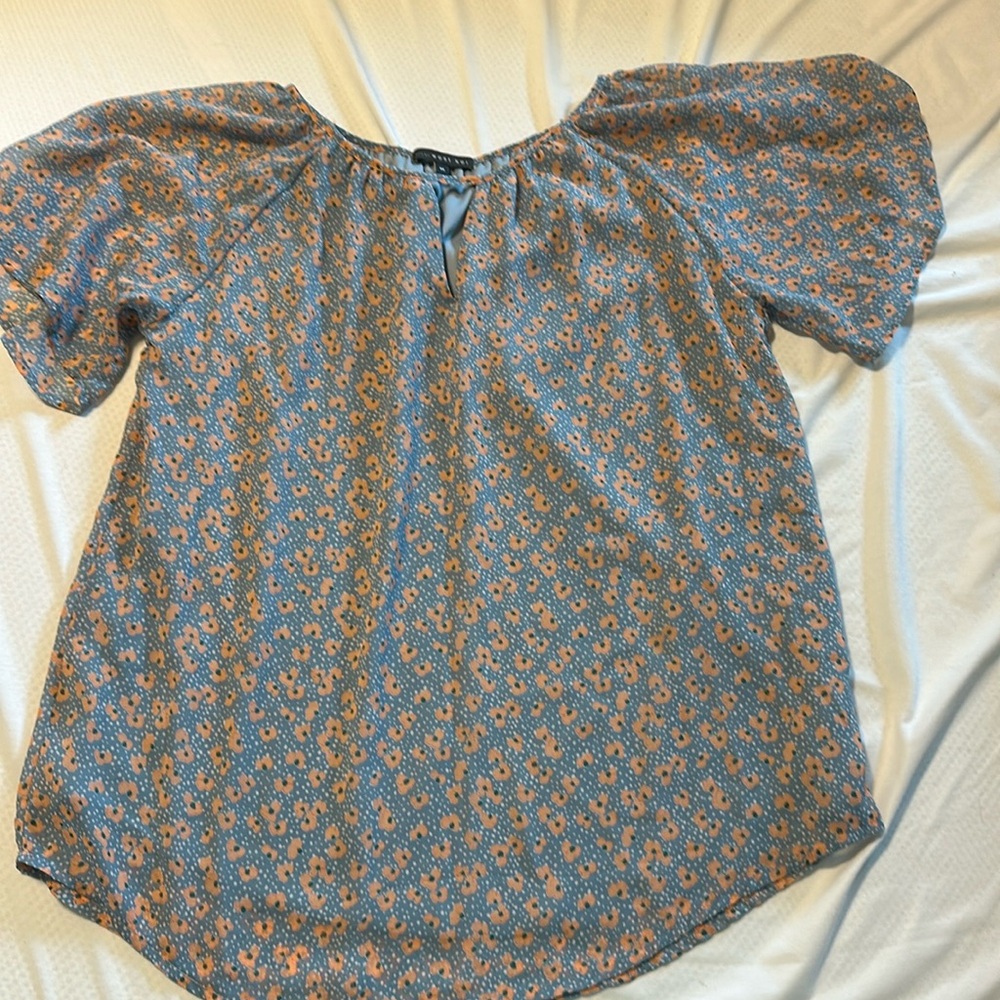 Floral blue top with flutter sleeves